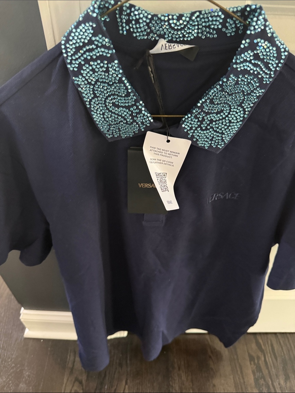 Versace Men’s Navy Polo with Turquoise Crystal-Embellished Collar - Picture 3 of 4